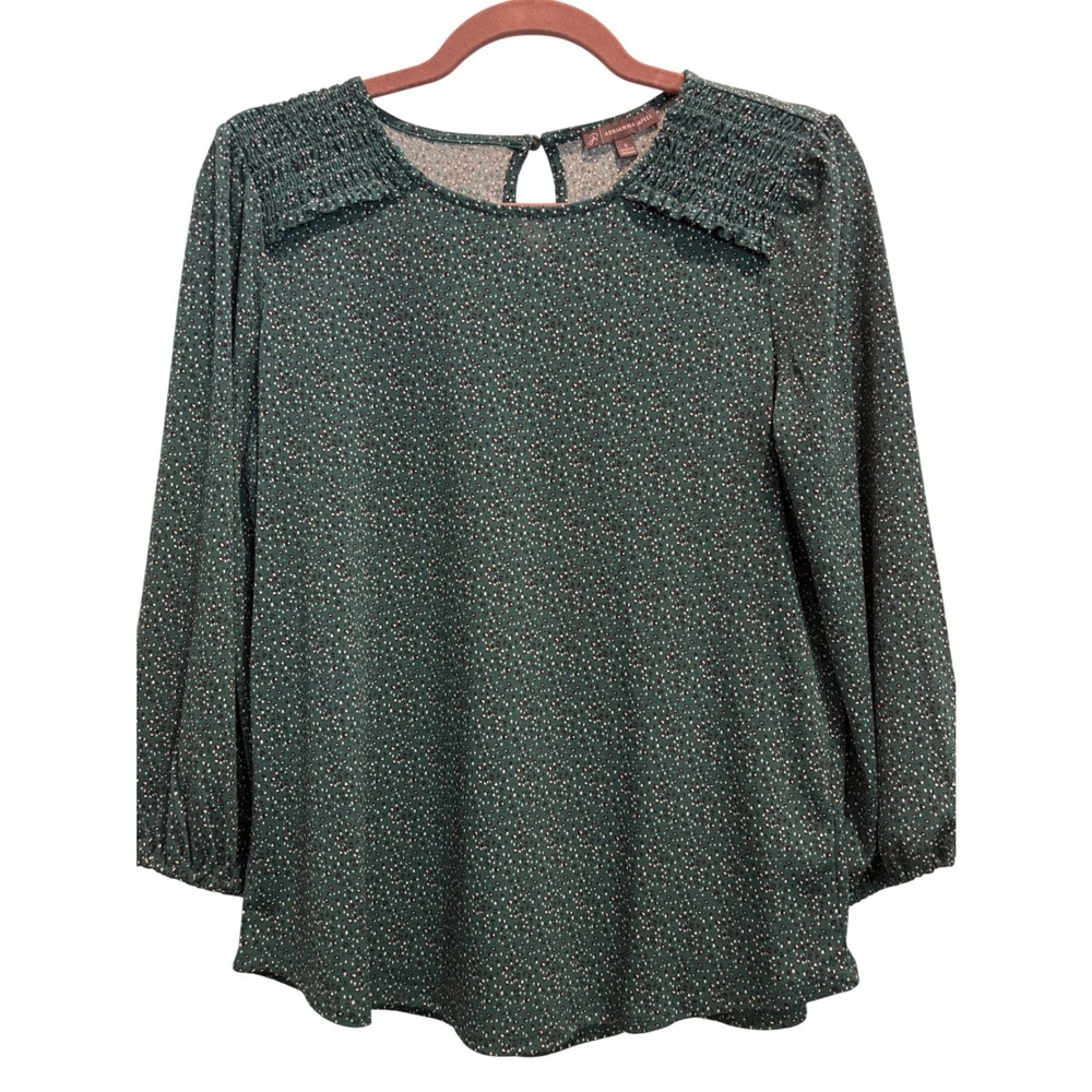 EUC Adrianna Papell Blouse Womens Small Teal Green Smocked Shoulder Dot Print